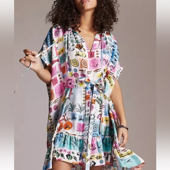 Beatrice B x Anthropologie Nautical Ocean Lg Blue Pink Silk Ruffle Mini Italy - Picture 6 of 7